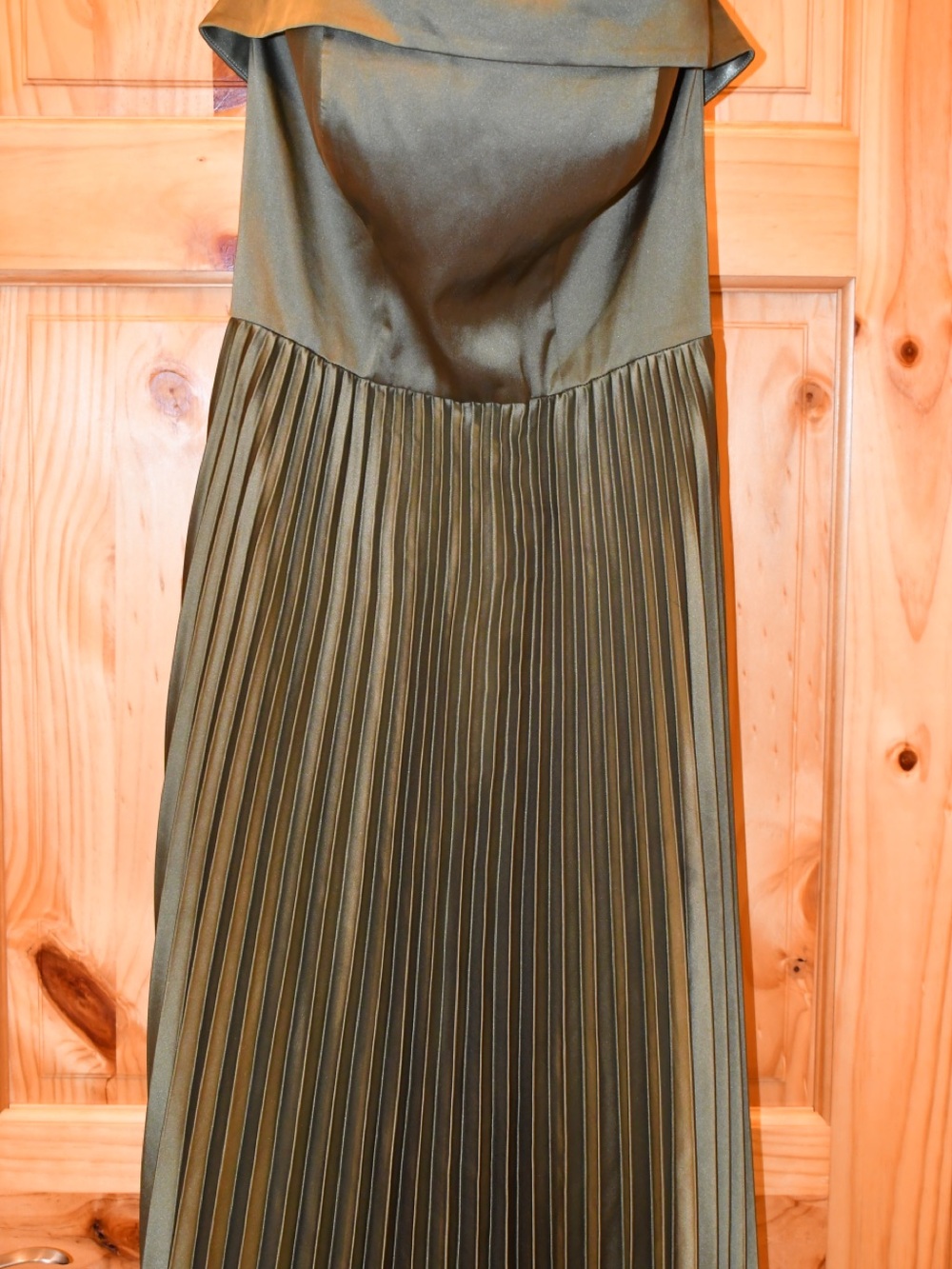 Revelry Saylor Satin Pleated Strapless Maxi Dress in Deep Olive Green 6 - Picture 3 of 12